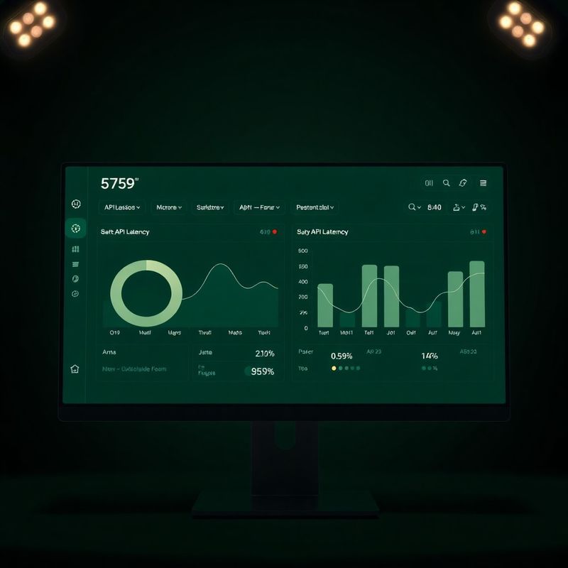 Tmavý dashboard s grafmi latencie p50, p95 a p99 v krémovej typografii